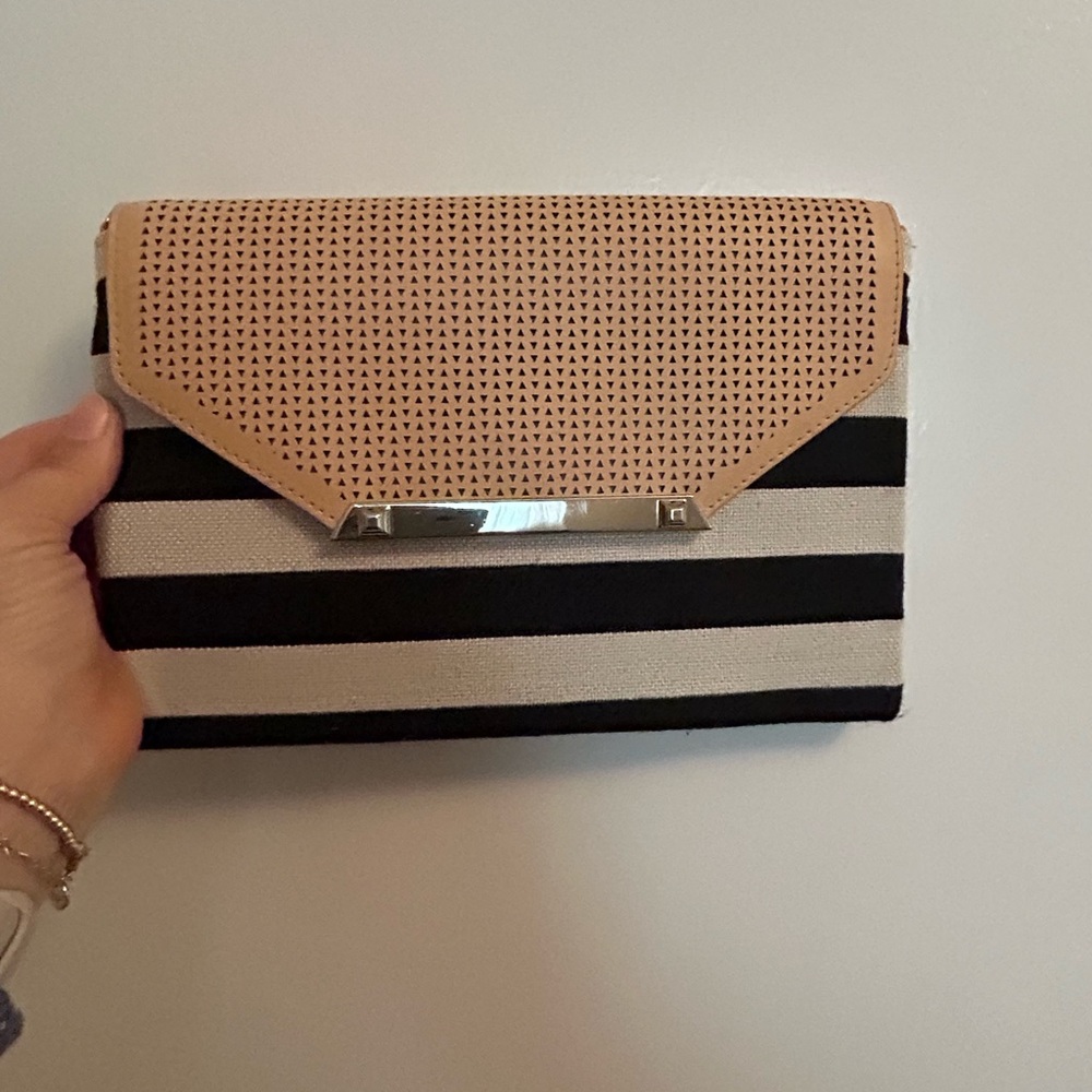Striped Black and white Clutch with tan leather overlay